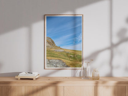 Dartmoor Tor Landscape Poster, Granite Rock Moorland Print, Blue Sky Devon Wall Art, British Countryside Nature Photography Print