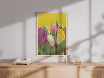 Colourful Tulip Bouquet Poster, Spring Flower Wall Art, Yellow Pink Purple Tulips Print, Bright Floral Photography, Living Room Decor