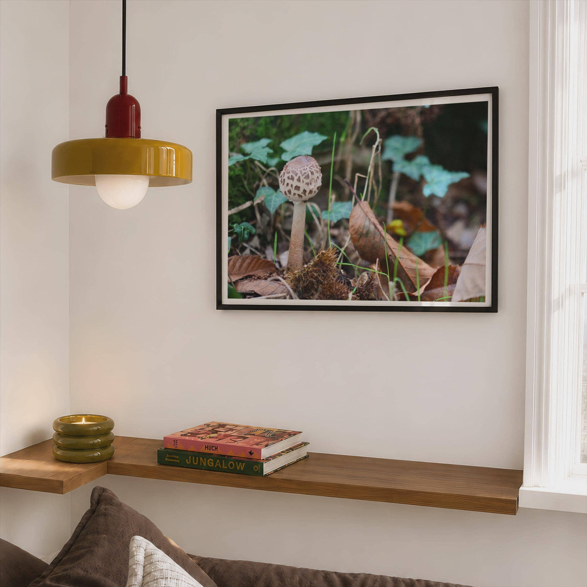 Parasol Mushroom Fungi Poster mockup - Corner Bedroom Mockup - Landscape