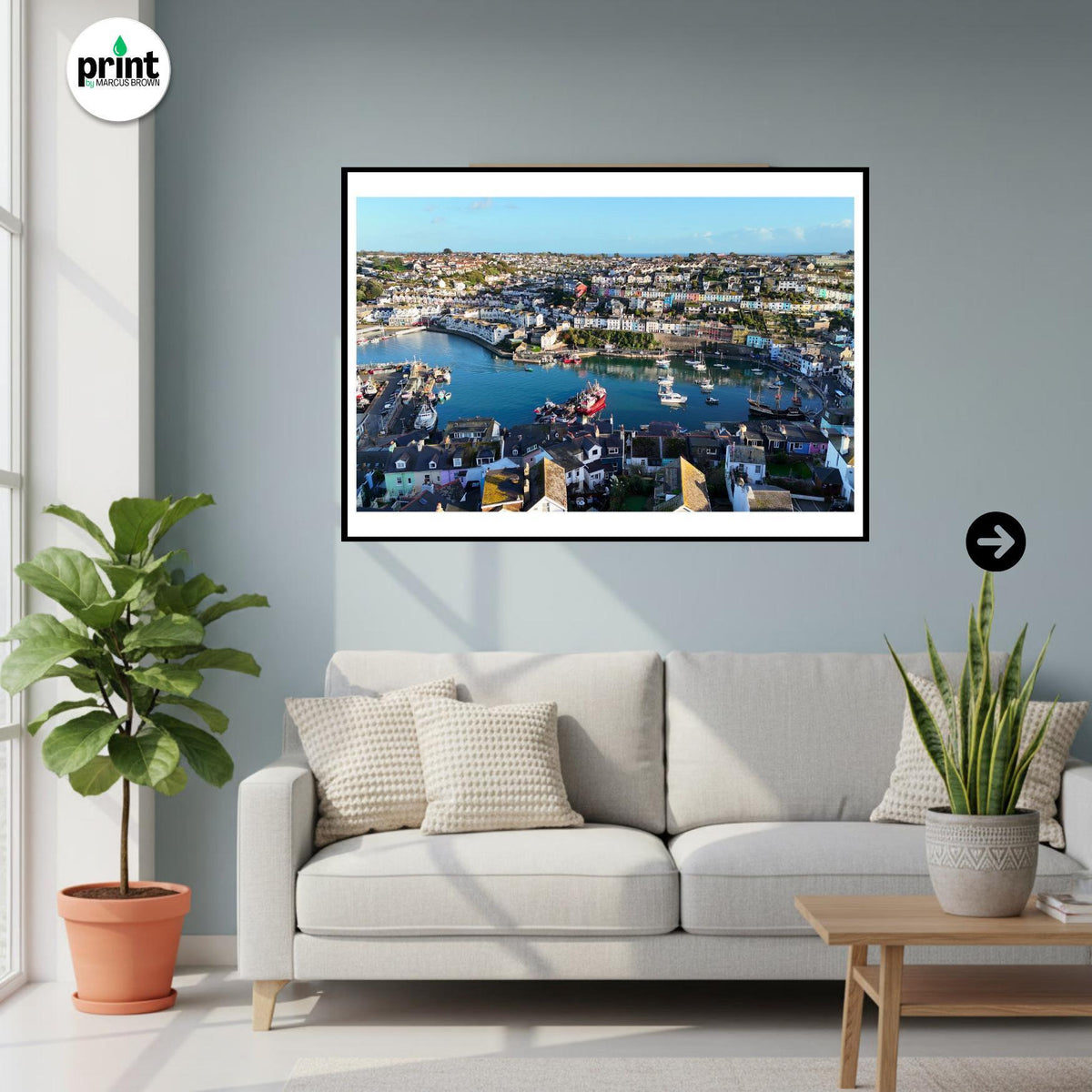 Brixham Harbour Drone Photograph, Devon Coastal Wall Art, Fishing Port Print