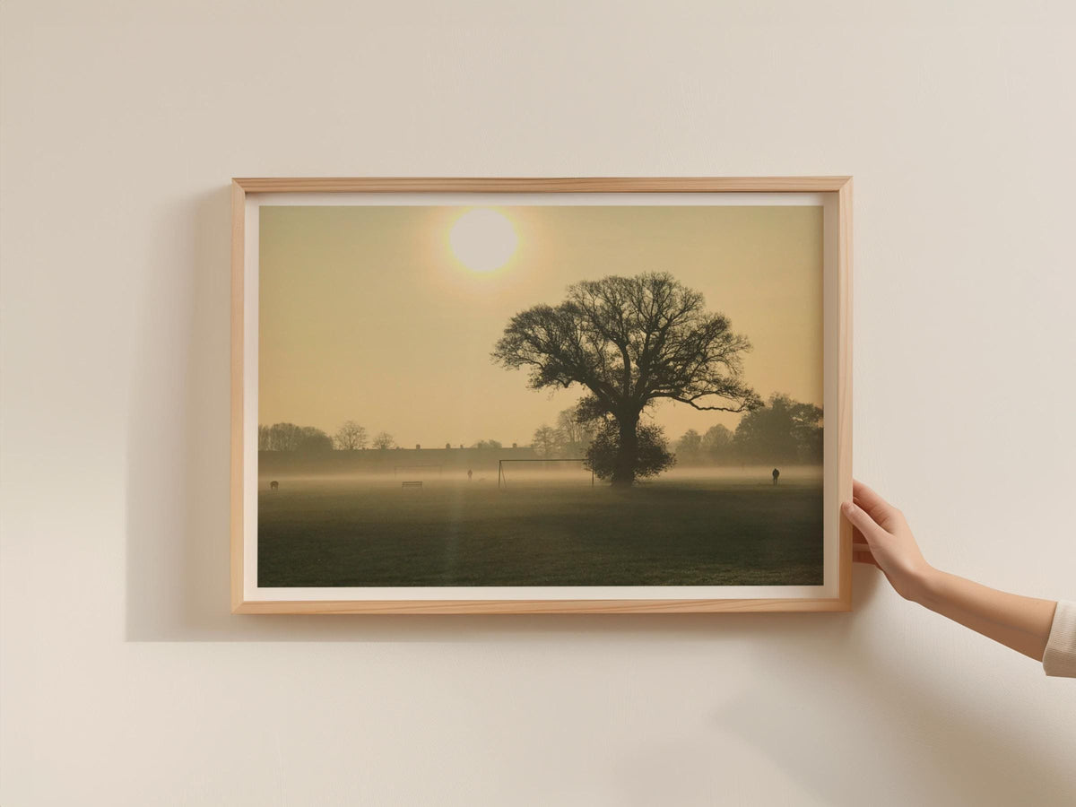 Misty Park at Dawn Landscape Poster, Foggy Morning Tree Silhouette Framed-Print, Golden Sunrise Wall Art, Atmospheric English Countryside