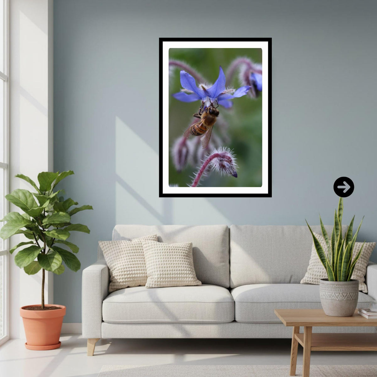Macro Honey Bee Botanical Art Print | Blue Floral Nature Photography, Cottagecore Decor