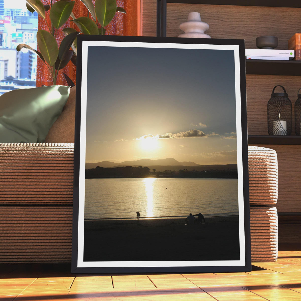 Sunset Beach Silhouette Poster, Golden Coastal Wall Art, Seascape Print, Mountain Horizon, Calm Water Reflection, Seaside Home Decor