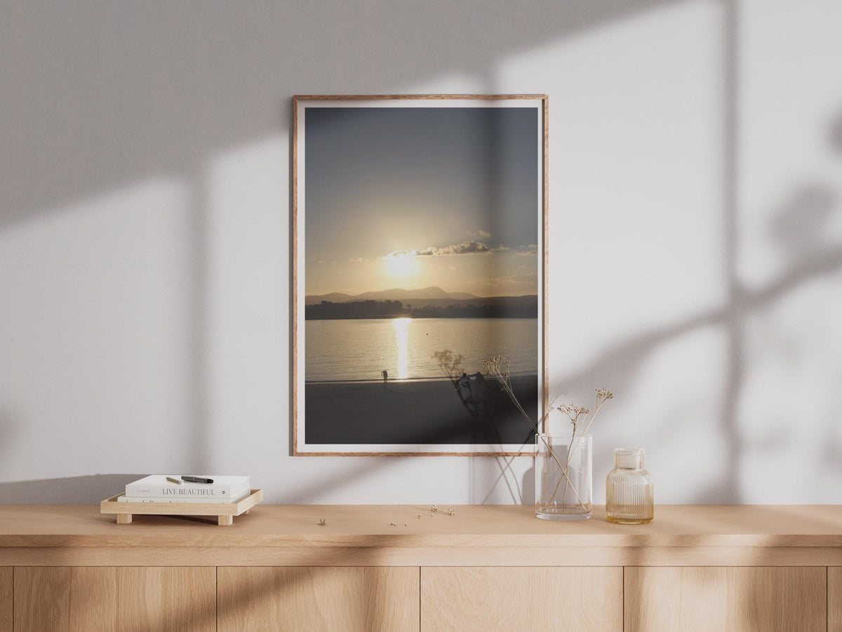 Sunset Beach Silhouette Poster, Golden Coastal Wall Art, Seascape Print, Mountain Horizon, Calm Water Reflection, Seaside Home Decor