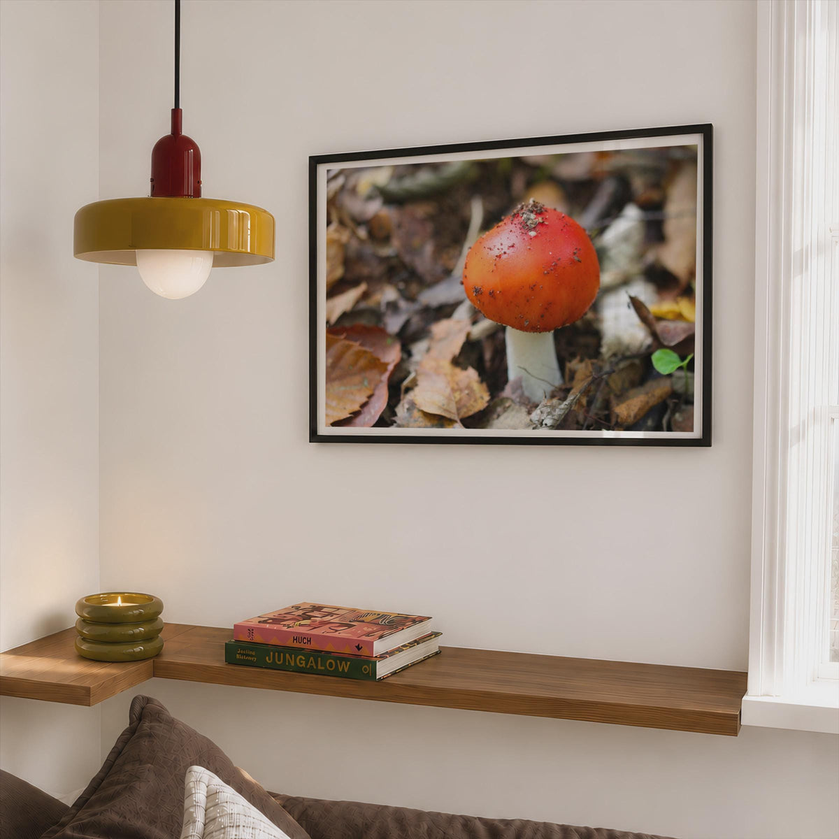 Red Toadstool Fungi Poster mockup - Corner Bedroom Mockup - Landscape