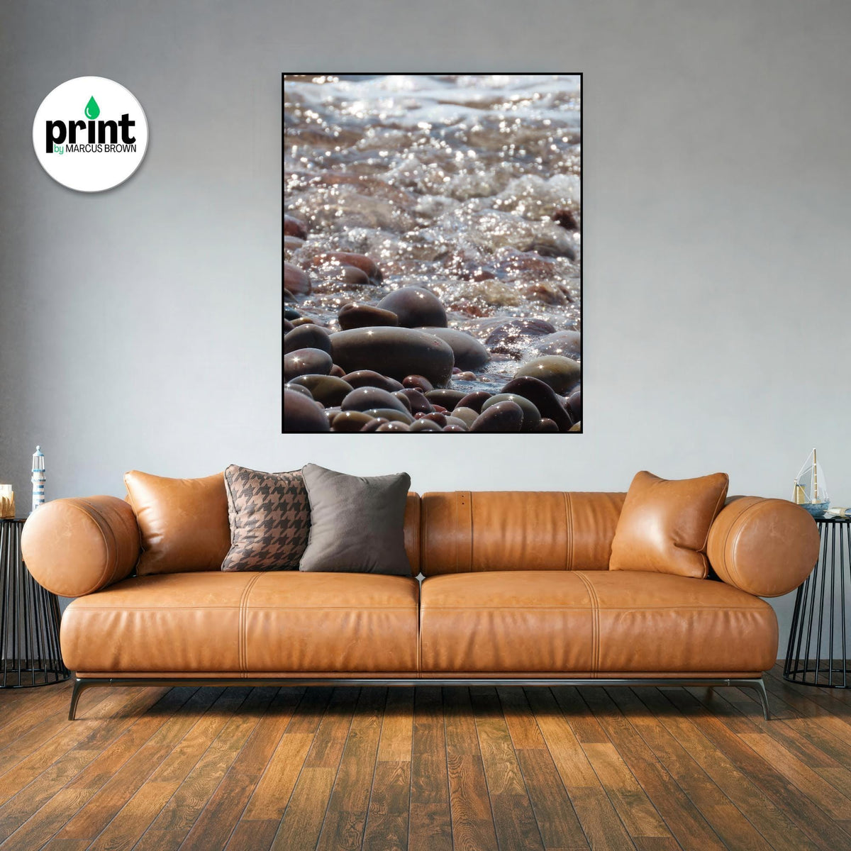 Coastal Wall Art Print: Pebbles Glistening in Sunshine - Framed or Unframed