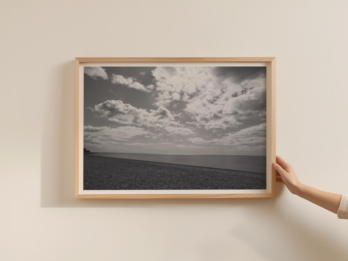 Budleigh Salterton Beach Poster, Black and White Coastal Print, Pebble Beach Framed-Print, Devon Seascape Wall Art, Dramatic Sky Photography