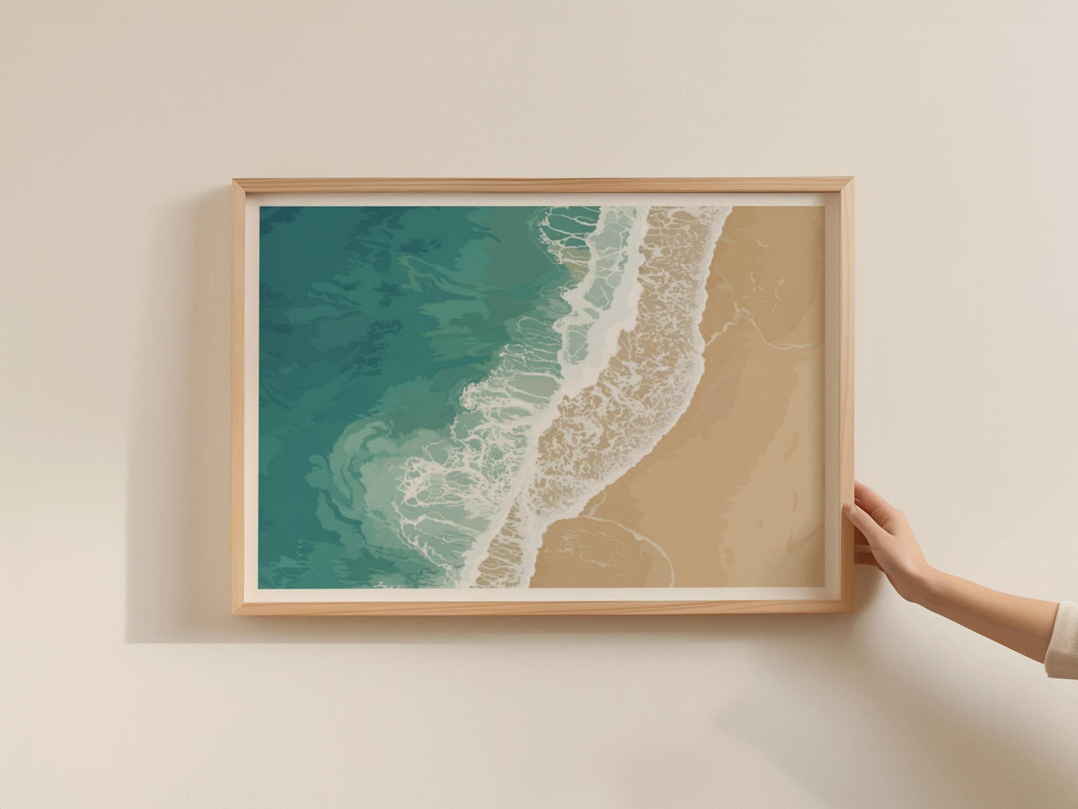 Cornwall Beach Aerial Poster, Teal Ocean Waves Framed-Print, Coastal Wall Art, Sandy Shore Print, Cornish Sea Gift