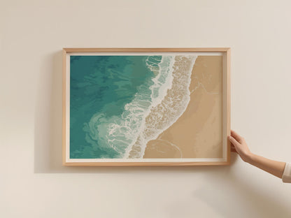 Cornwall Beach Aerial Poster, Teal Ocean Waves Framed-Print, Coastal Wall Art, Sandy Shore Print, Cornish Sea Gift
