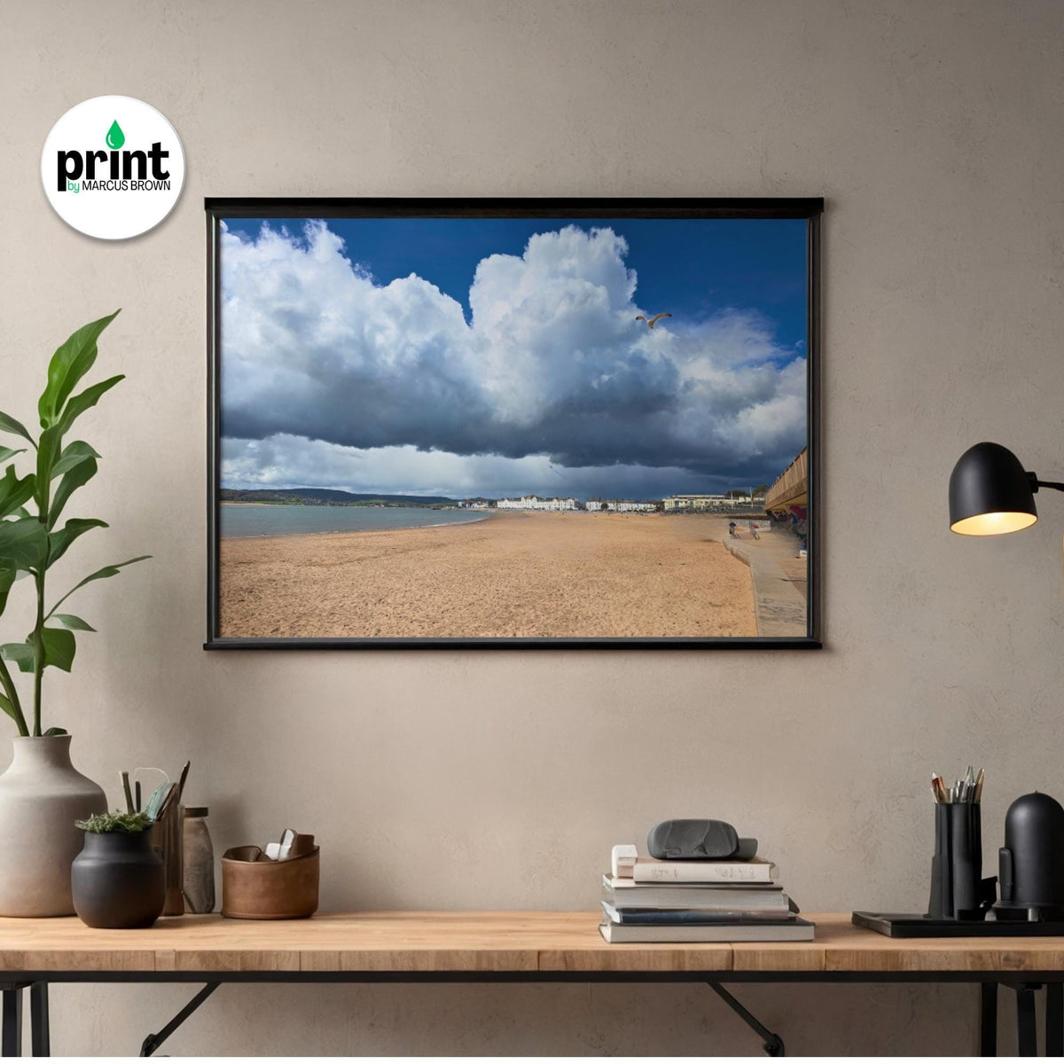 Exmouth Seascape Print: Dramatic Clouds - Oak, Black, or White Frame