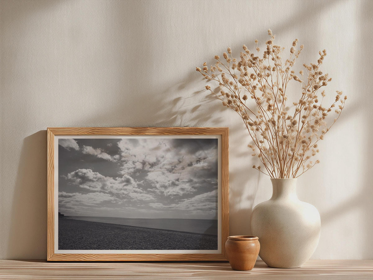 Budleigh Salterton Beach Poster, Black and White Coastal Print, Pebble Beach Framed-Print, Devon Seascape Wall Art, Dramatic Sky Photography