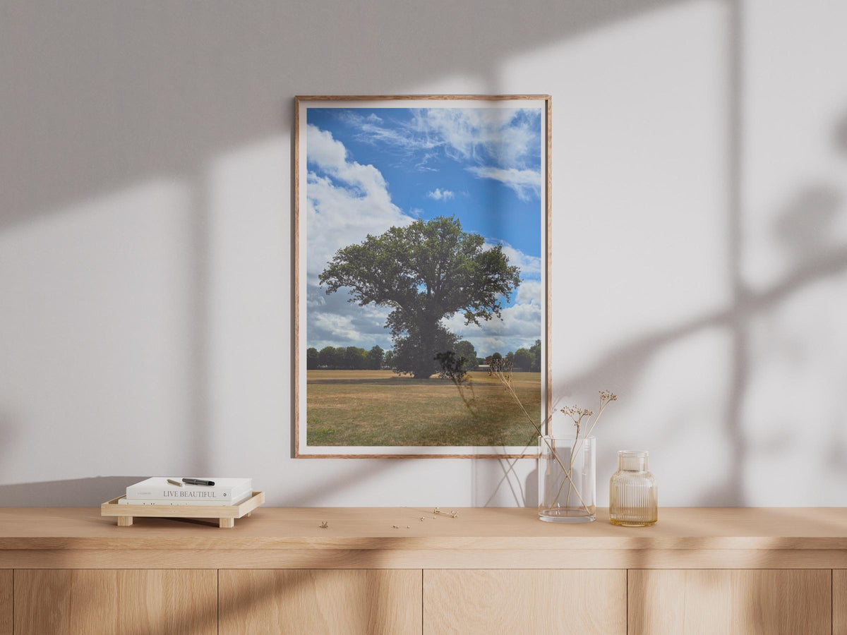 Solitary Oak Tree Poster, English Countryside Wall Art, Summer Landscape Print, Blue Sky Nature Photography, Green Tree Living Room Decor