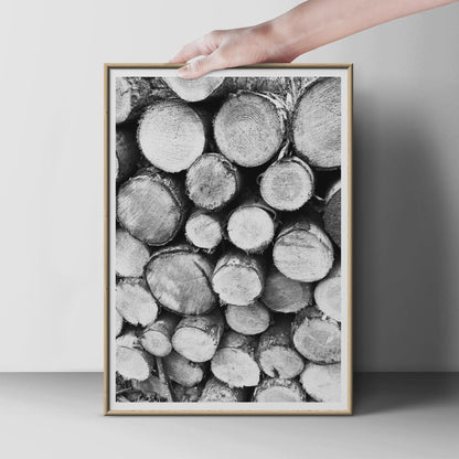 Stacked Logs Black and White Photography Print, Tree Rings Wall Art, Woodland Poster, Nature Photo, Rustic Monochrome Forest Decor