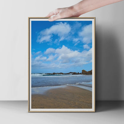 Rocky Coastal Beach Photography Print, Blue Sky Ocean Waves Poster, Sandy Shore Wall Art, Seaside Landscape Print for Living Room Decor