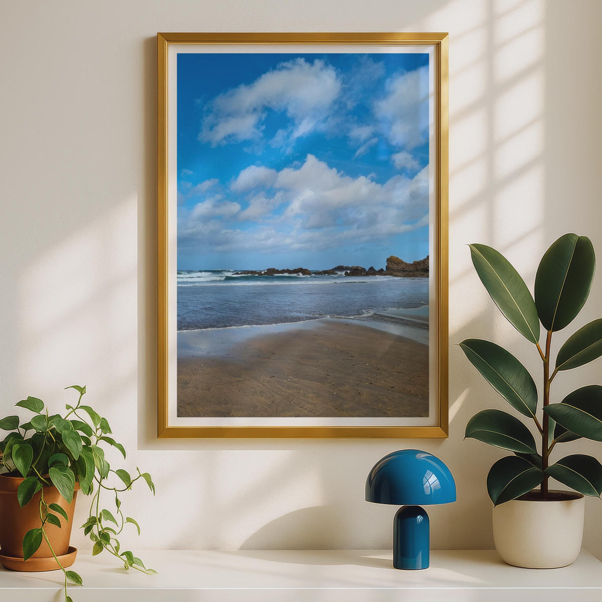 Rocky Coastal Beach Photography Print, Blue Sky Ocean Waves Poster, Sandy Shore Wall Art, Seaside Landscape Print for Living Room Decor