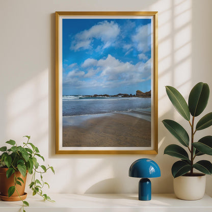 Rocky Coastal Beach Photography Print, Blue Sky Ocean Waves Poster, Sandy Shore Wall Art, Seaside Landscape Print for Living Room Decor