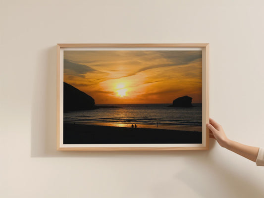 Coastal Sunset Poster, Beach Silhouette Framed-Print, Orange Sky Seascape Wall Art, Cornwall Sea Rock Landscape Photography Print