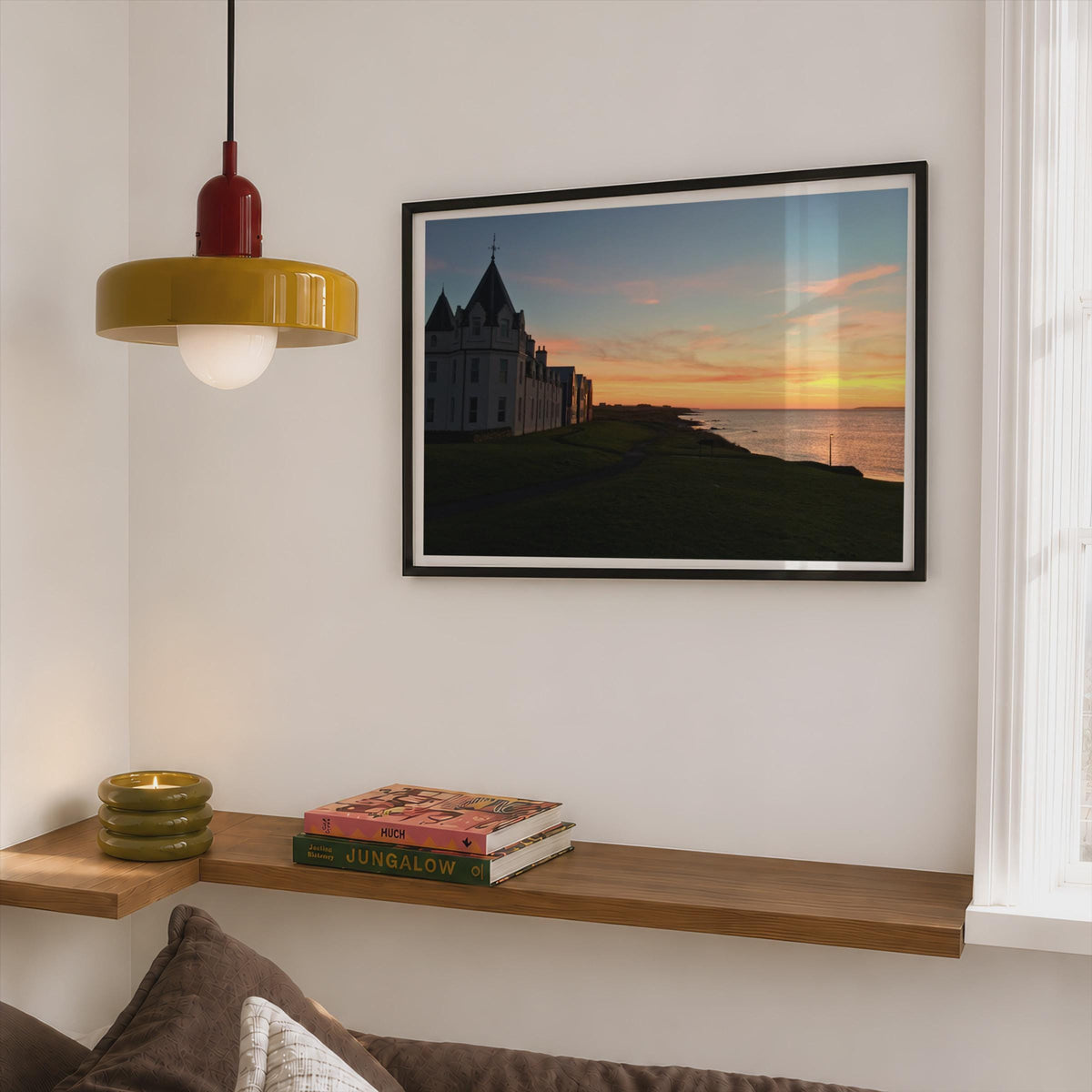 John O'Groats Sunset Poster mockup - Corner Bedroom Mockup - Landscape