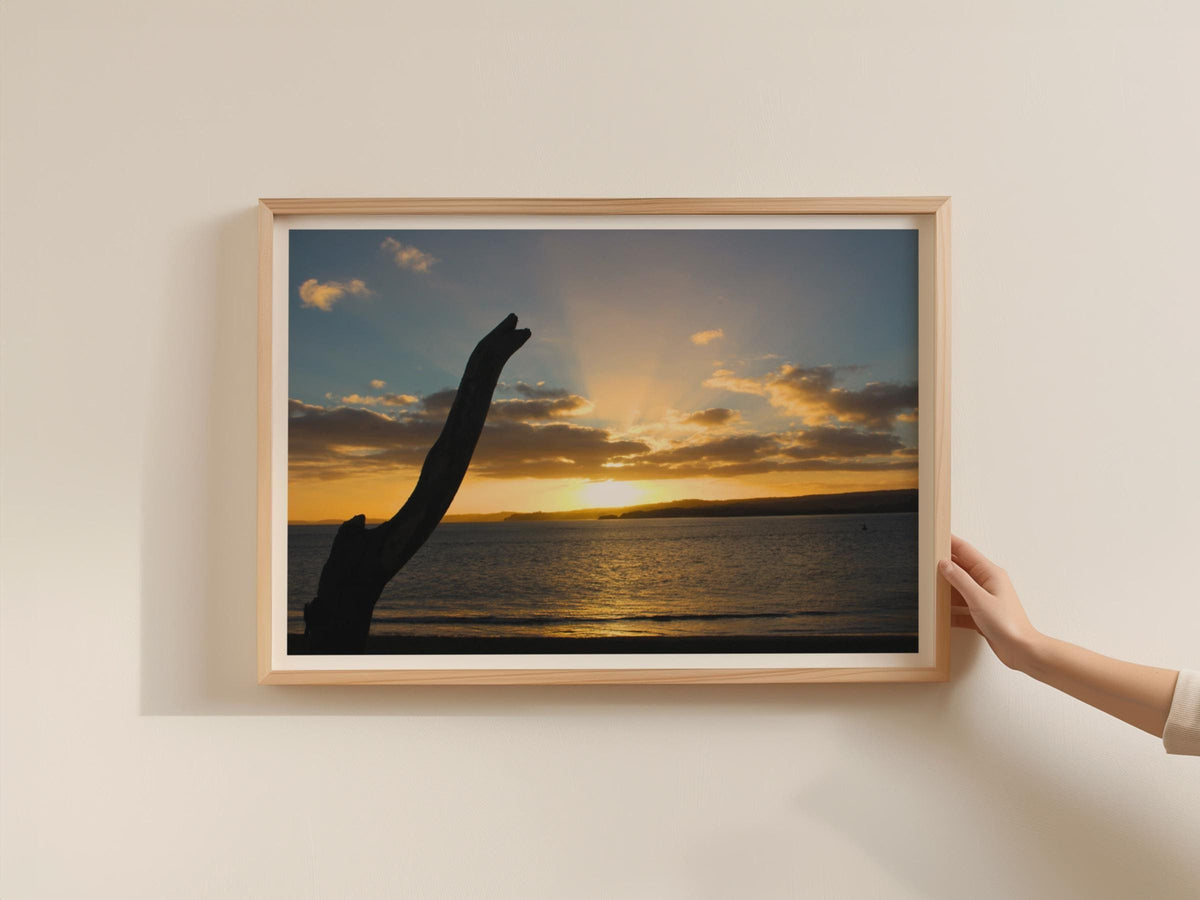 Sunset Beach Driftwood Silhouette Poster, Coastal Landscape Framed-Print, Golden Sky Sea Wall Art, Seascape Photography Print