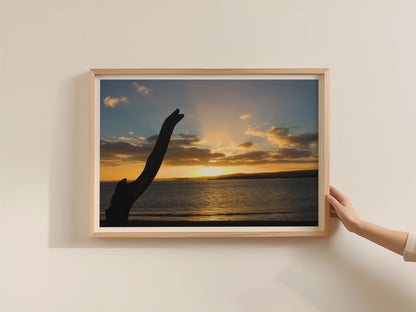 Sunset Beach Driftwood Silhouette Poster, Coastal Landscape Framed-Print, Golden Sky Sea Wall Art, Seascape Photography Print
