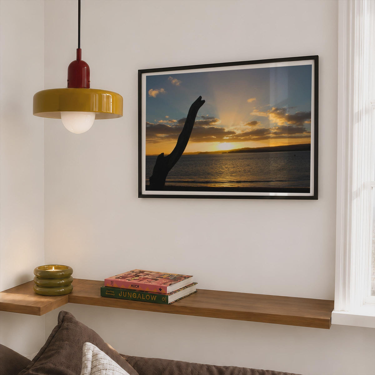 Sunset Beach Driftwood Silhouette Poster mockup - Corner Bedroom Mockup - Landscape
