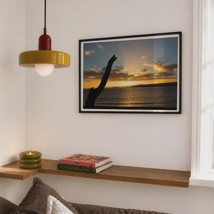 Sunset Beach Driftwood Silhouette Poster mockup - Corner Bedroom Mockup - Landscape