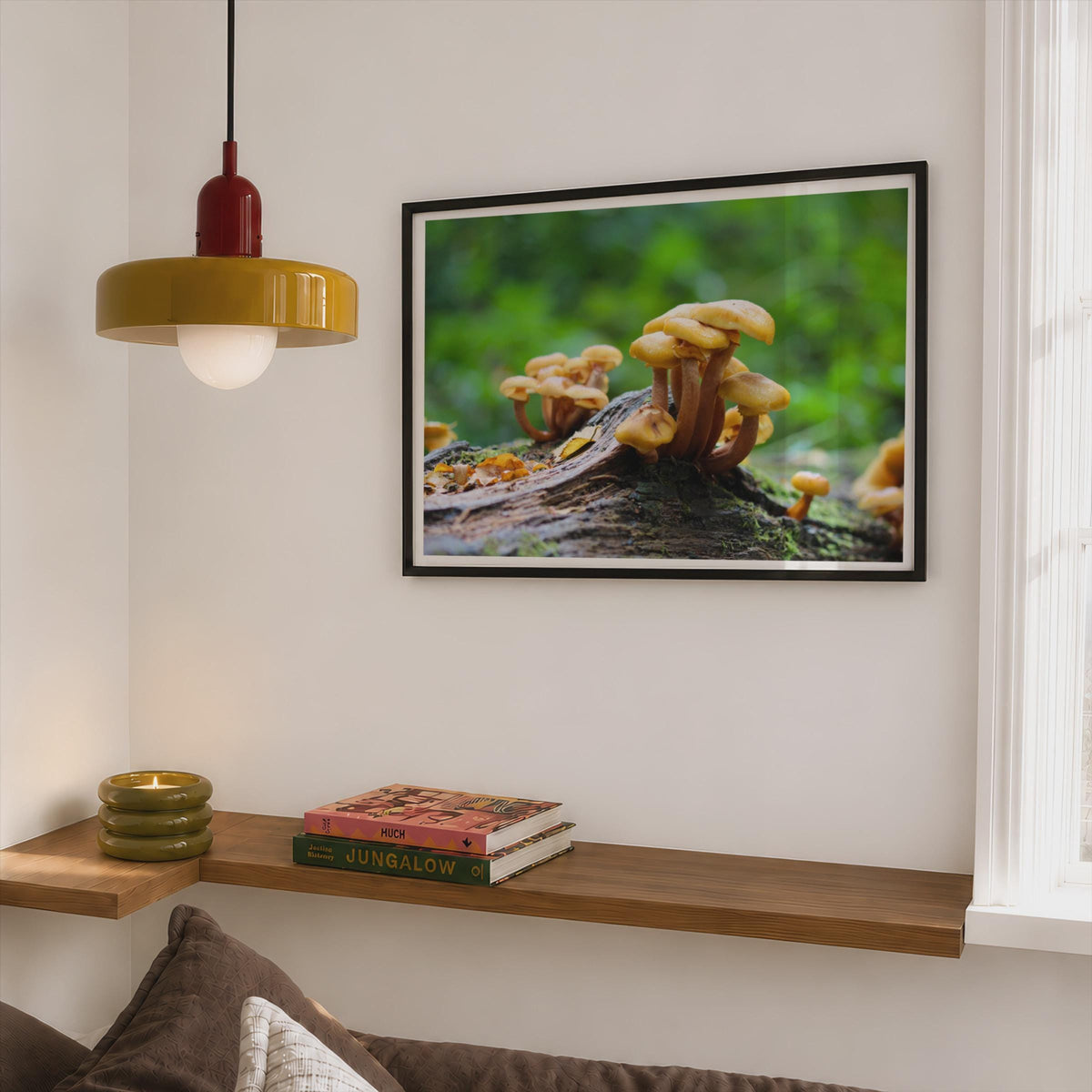 Wild Fungi Photography Poster mockup - Corner Bedroom Mockup - Landscape