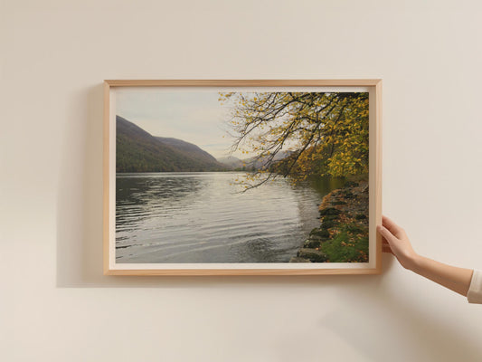 Autumn Lake Landscape Poster, Trees  Mountains Wall Art, Framed-Print, Woodland Lakeside Nature Photography, Golden Leaves Scenic Decor