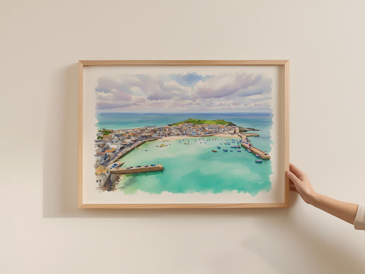 St Ives Cornwall Poster, Aerial Harbour Watercolour Framed-Print, Coastal Wall Art, Cornish Seaside Gift, Turquoise Bay Art Print