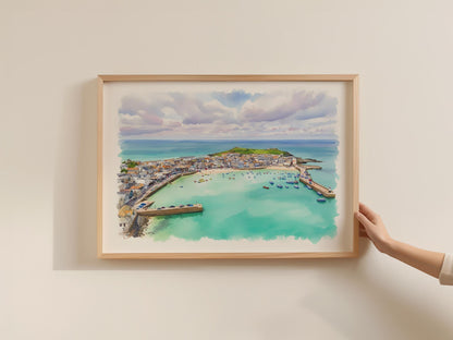 St Ives Cornwall Poster, Aerial Harbour Watercolour Framed-Print, Coastal Wall Art, Cornish Seaside Gift, Turquoise Bay Art Print