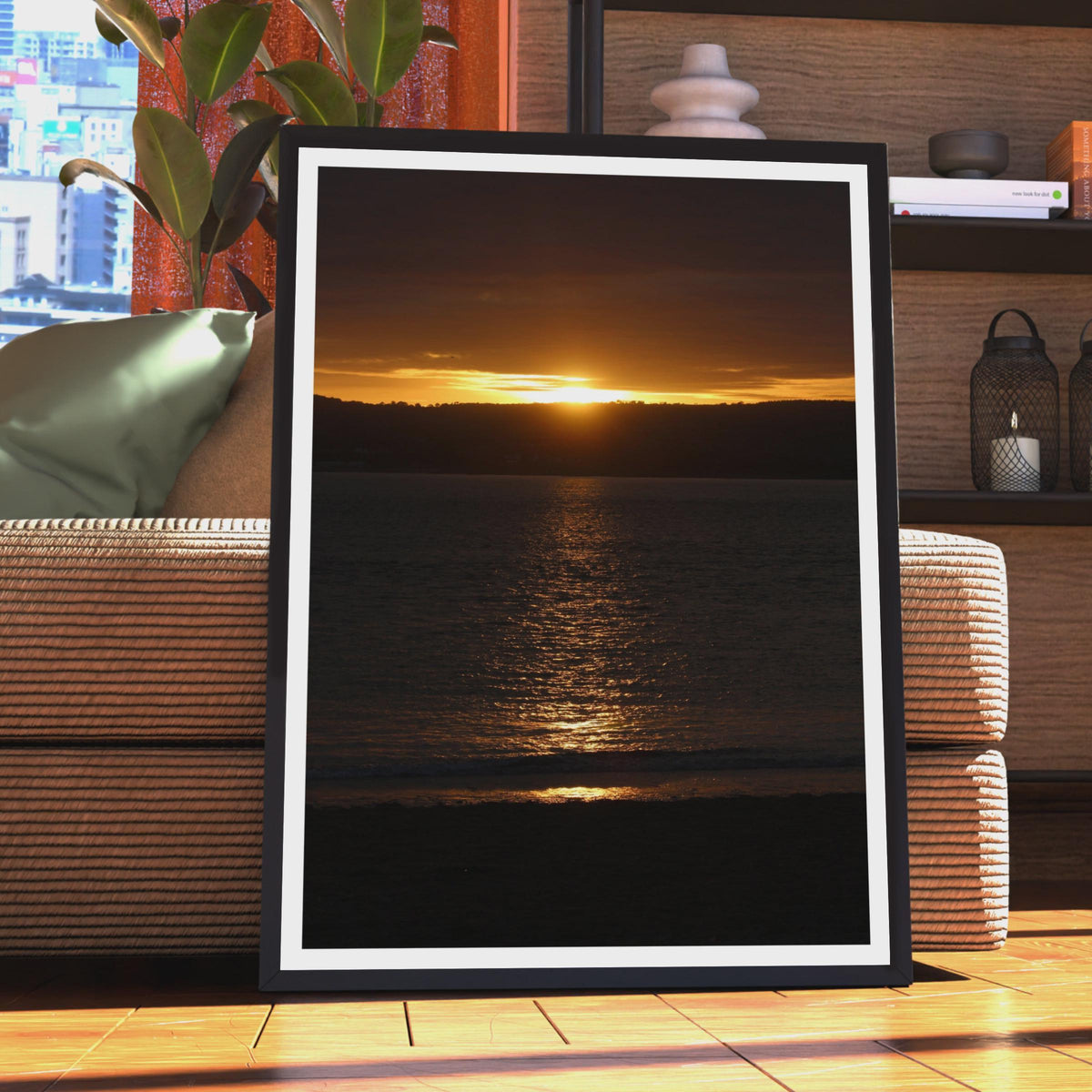 Golden Sunset Over the Sea Poster, Coastal Dusk Photography Print, Orange Sky Seascape Wall Art, Beach Horizon Portrait Photo Print