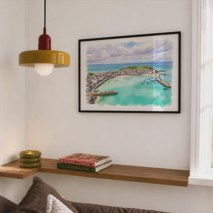 St Ives Cornwall Poster, Aerial Harbour Watercolour Framed-Print, Coastal Wall Art, Cornish Seaside Gift, Turquoise Bay Art Print