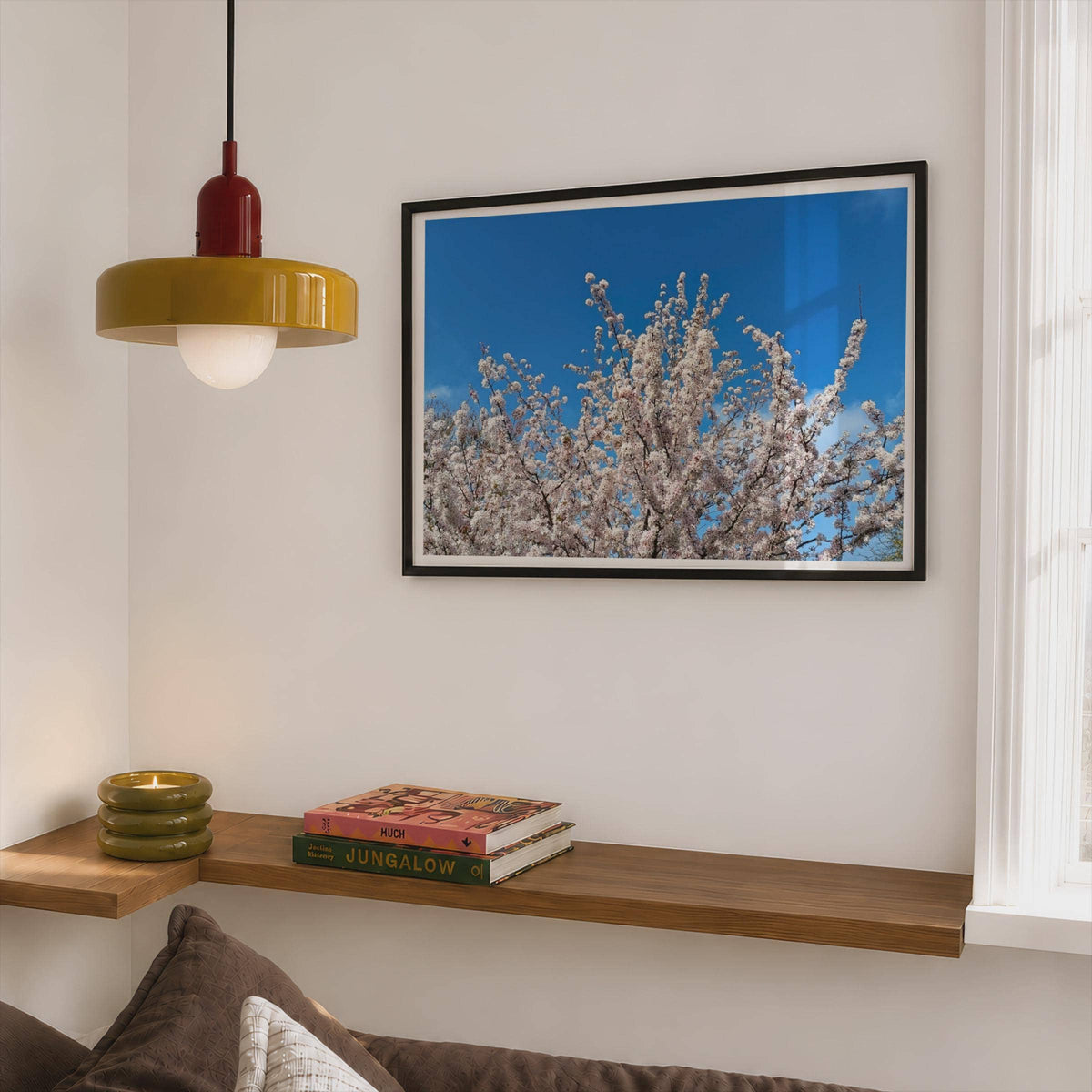 Cherry Blossom Tree Poster, Spring Blossom Framed-Print, White Flowers Blue Sky Wall Art, Botanical Nature Print, Bedroom Living Room Decor