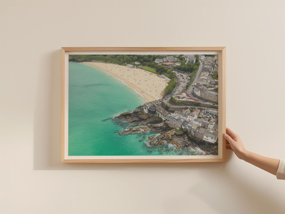 St Ives Cornwall Aerial Poster, Porthminster Beach Framed-Print, Coastal Wall Art, Cornish Town Seaside Photography Print