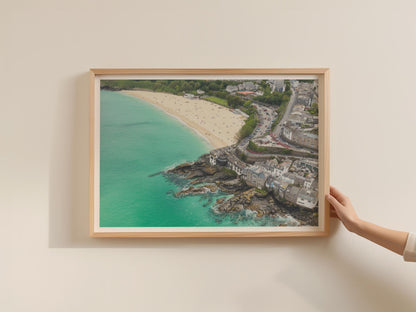 St Ives Cornwall Aerial Poster, Porthminster Beach Framed-Print, Coastal Wall Art, Cornish Town Seaside Photography Print