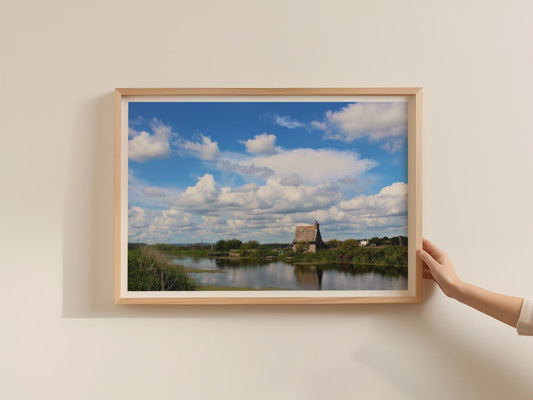 English Canal Cottage Poster, Rural Waterway Landscape Framed-Print, Blue Sky Cloudscape British Countryside Wall Art, Somerset Levels Print