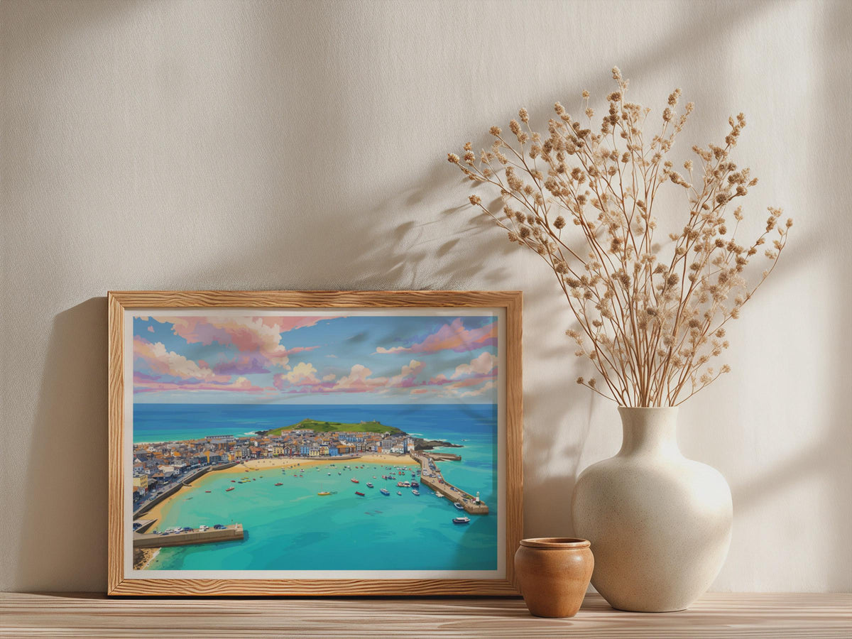 St Ives Cornwall Harbour Poster, Aerial Coastal Wall Art, Framed-Print, Turquoise Sea, Colourful Town, Cornwall Gift
