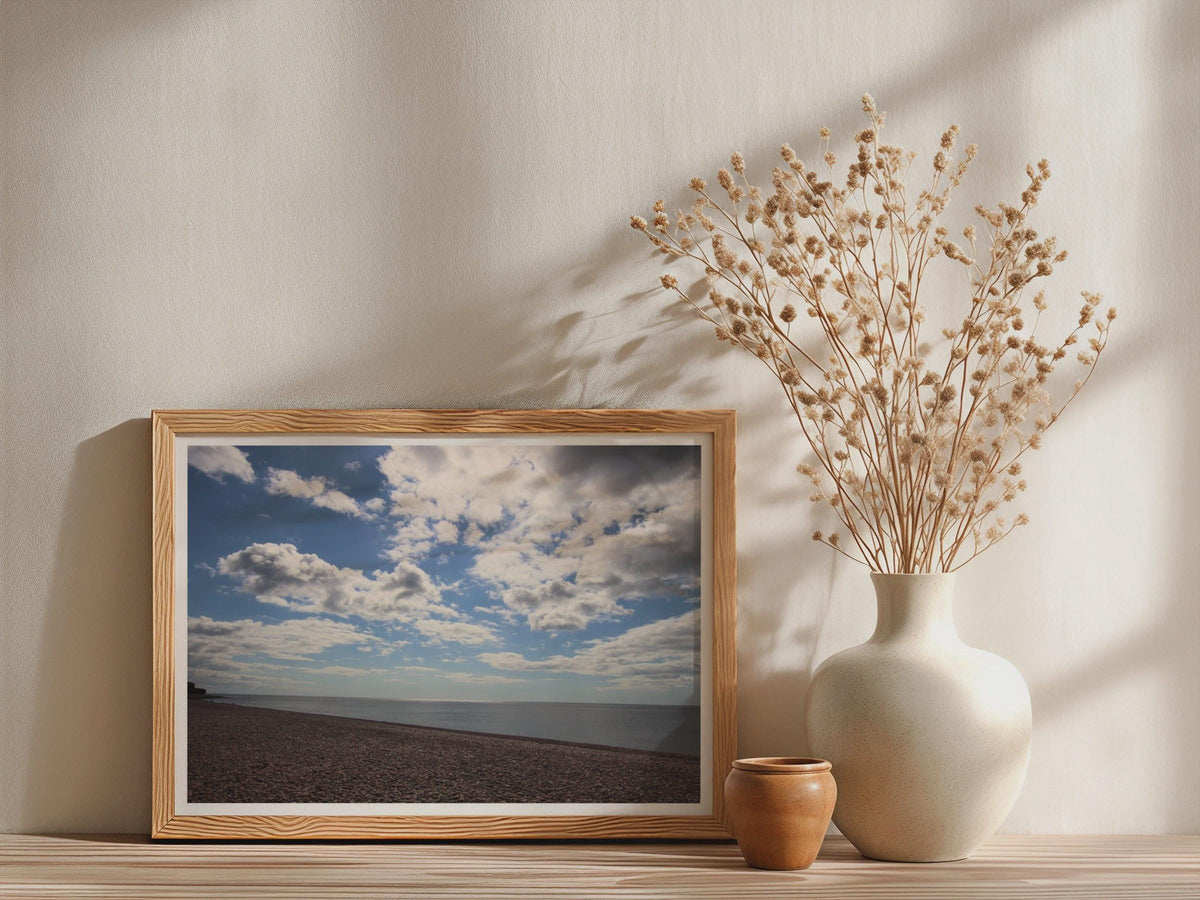 Budleigh Salterton Beach Poster, Devon Pebble Shore Framed-Print, Coastal Wall Art, Blue Sky Seascape, English Seaside Photography Print