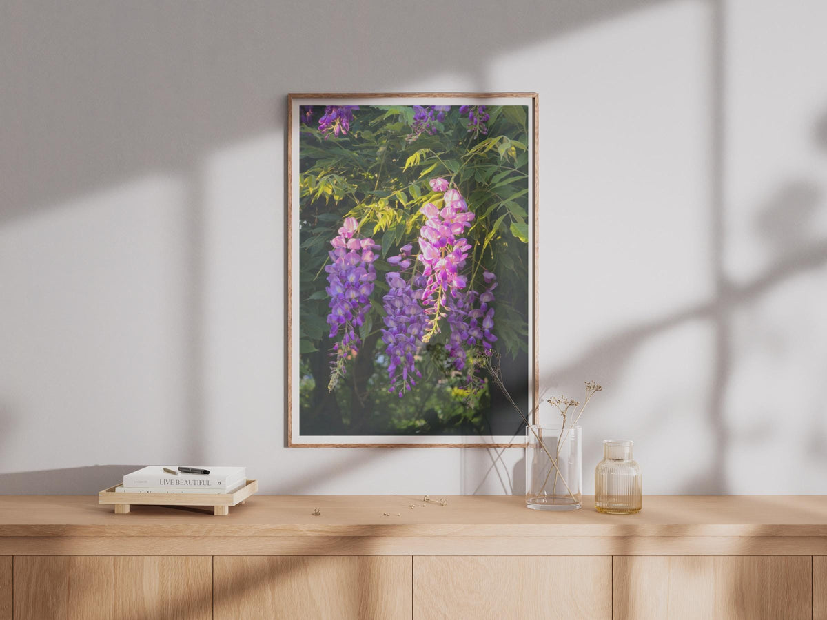Wisteria Flower Poster, Purple Pink Botanical Wall Art, Hanging Blooms Photography Print, Spring Garden Floral Home Decor, Nature Lover Gift
