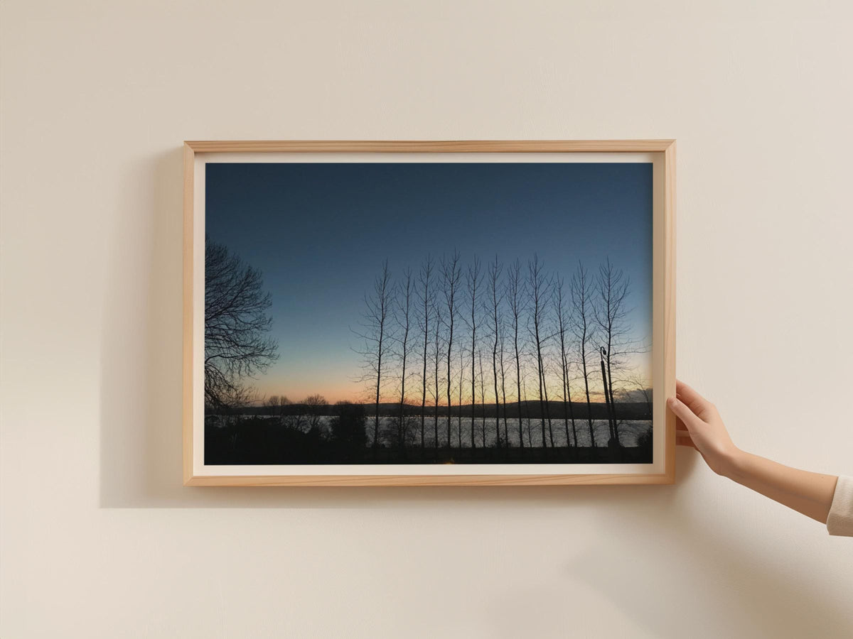 Dawn Dusk Landscape Poster, Tree Silhouette Framed-Print, Winter Sunset Wall Art, Blue Sky Nature Photography Print, Twilight River Decor