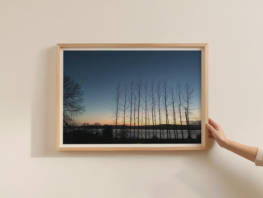 Dawn Dusk Landscape Poster, Tree Silhouette Framed-Print, Winter Sunset Wall Art, Blue Sky Nature Photography Print, Twilight River Decor
