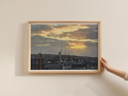 City Skyline Sunset Poster, Urban Cranes Framed-Print, Dramatic Dusk Sky Wall Art, Industrial Cityscape, Sheffield Landscape Print