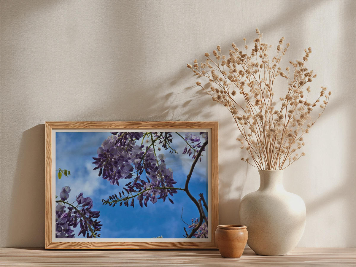 Wisteria Flower Poster, Purple Blue Sky Floral Wall Art, Botanical Framed-Print, Spring Garden Photography Print, Nature Home Decor