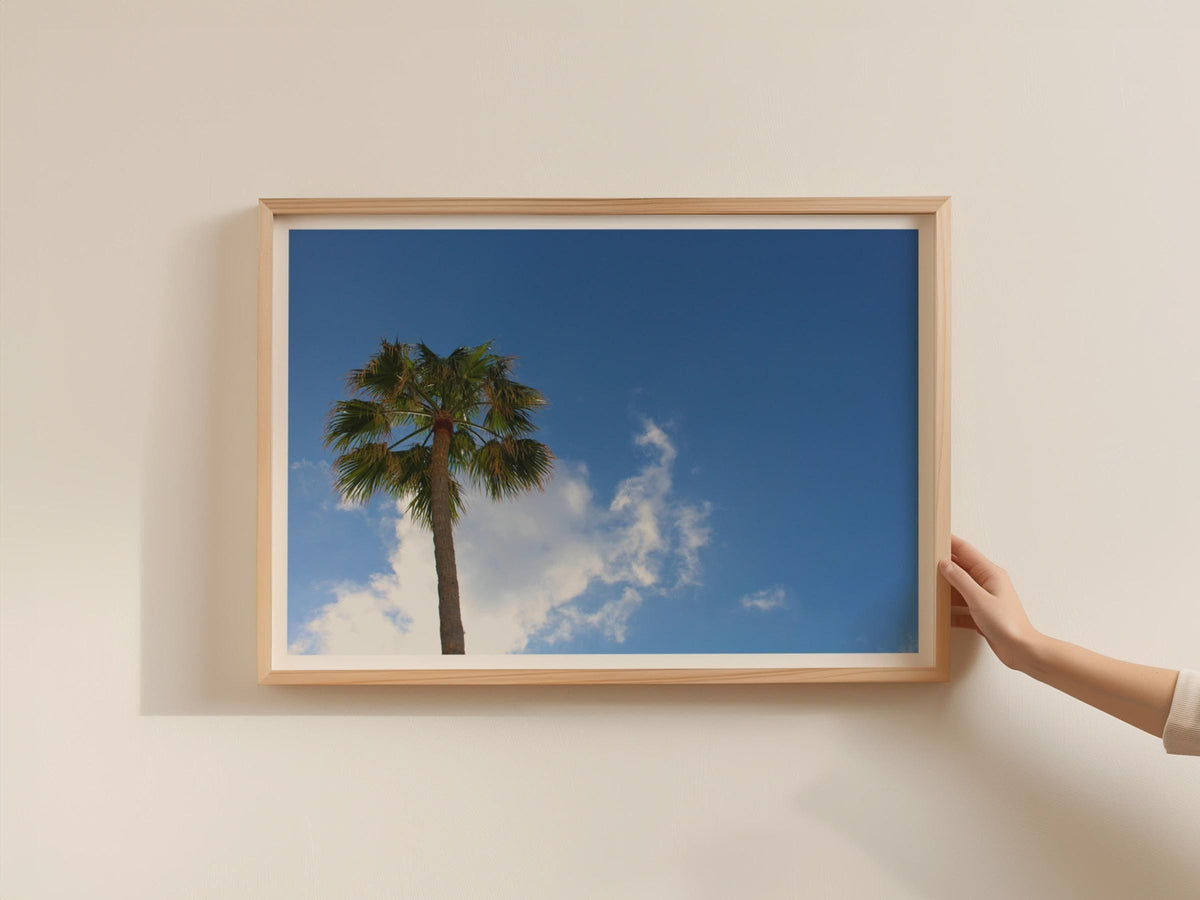 Palm Tree Blue Sky Poster, Tropical Photography Framed-Print, Summer Wall Art, Holiday Sunshine Print, Coastal Nature Decor, Green Azure