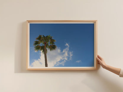 Palm Tree Blue Sky Poster, Tropical Photography Framed-Print, Summer Wall Art, Holiday Sunshine Print, Coastal Nature Decor, Green Azure