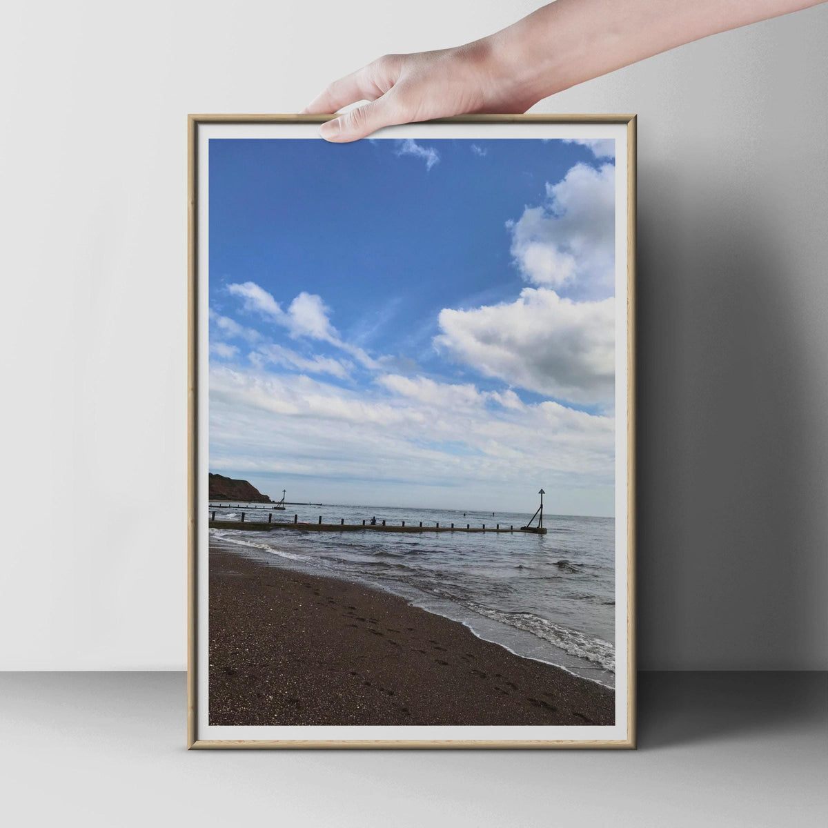 British Seaside Beach Poster, Coastal Photography Print, Groyne Shoreline Wall Art, Blue Sky Sea Print, English Coast Decor, Seaside Gift