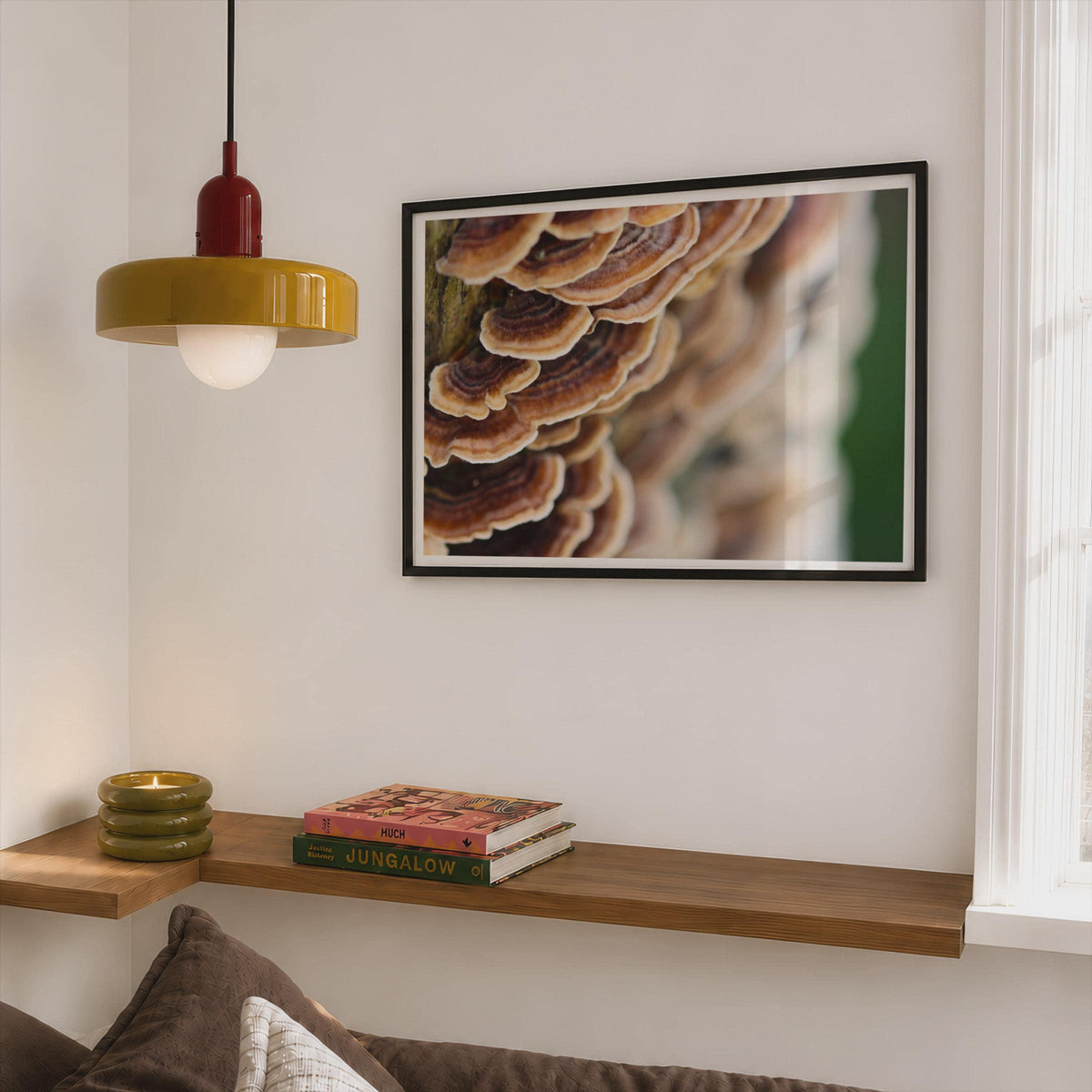 Turkey Tail Fungi Poster mockup - Corner Bedroom Mockup - Landscape