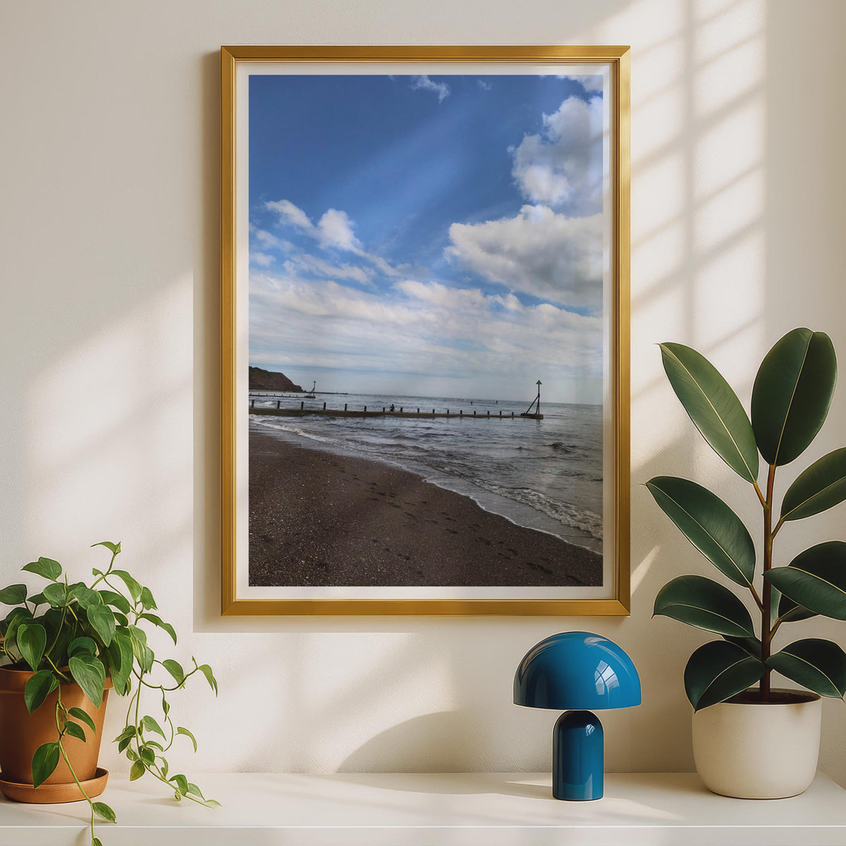 British Seaside Beach Poster, Coastal Photography Print, Groyne Shoreline Wall Art, Blue Sky Sea Print, English Coast Decor, Seaside Gift