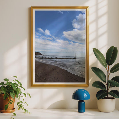 British Seaside Beach Poster, Coastal Photography Print, Groyne Shoreline Wall Art, Blue Sky Sea Print, English Coast Decor, Seaside Gift