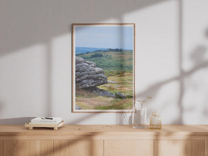 Dartmoor Granite Tor Landscape Poster, Devon Moorland Wall Art, Rolling Hills Print, British Countryside Photography, Green Moor Decor